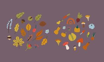 Herbstblätter, Pilze, Gemüse im flachen Stil. vektor