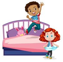 Pojke och tjej hoppar på sängen vektor