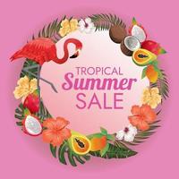 Flamingo und tropische Blumenetiketten Sommerschlussverkauf auf rosa Hintergrund vektor