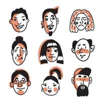 Satz von neun verschiedenen menschlichen Gesichtern mit verschiedenen Ausdrücken vektor