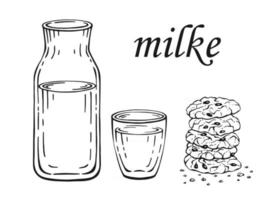 Flasche und Glas Milch- und Haferkekse. handgezeichnete Abbildung. vektor