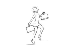ein Frau Tanzen glücklich halten ein Einkaufen Tasche vektor