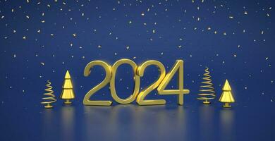 Lycklig ny 2024 år. 3d gyllene metallisk tal 2024 med guld metallisk kon form tall, gran träd och konfetti på blå bakgrund. xmas bakgrund, kort, rubrik. realistisk vektor illustration.