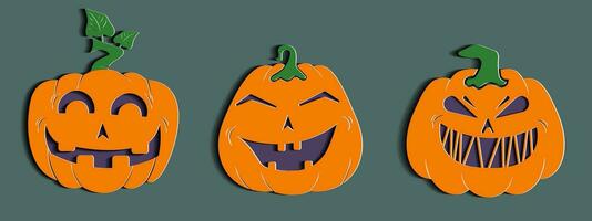 halloween pumpa uppsättning med unik expresion i papper skära stil. vektor