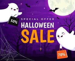 Halloween Verkauf Banner mit fliegend kawaii Geister vektor
