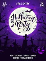 halloween fest flygblad med kyrkogård, zombie händer vektor