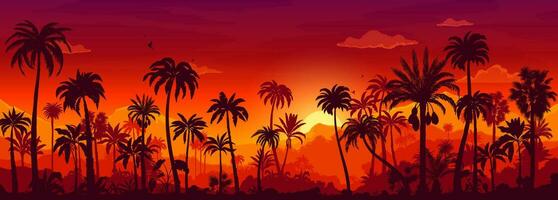 tropisk djungel solnedgång skog landskap silhuett vektor