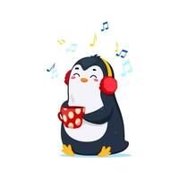 Karikatur süß komisch Pinguin Charakter hört zu Musik- vektor