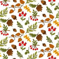 höst sömlös vektor teckning med löv, bär, gran kottar, tranbär, bär och ekollon. platt skog botanisk bakgrund. färgrik höst säsong- dekor. ek, lönn, kastanj blad teckning