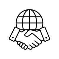 Geschäft Zustimmung Linie Symbol Stil . Hand Shake mit Globus zum Deal Vertrag, International Partnerschaft, global Geschäft Zusammenarbeit. einfach Gliederung Vektor Illustration. Design. eps 10