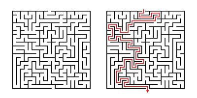 vektor fyrkant labyrint - labyrint med inkluderad lösning i svart röd. rolig pedagogisk sinne spel för samordning, problem lösning, beslut framställning Kompetens testa.