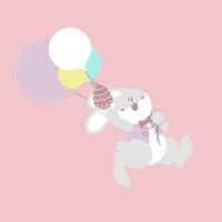 glücklich Ostern Festival mit Tier Haustier Hase Hase halten Ballon und Ei, Pastell- Farbe, eben Vektor Illustration Karikatur Charakter