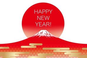 Neujahrsgrußkartenvorlage mit rotem mt. Fuji und die aufgehende Sonne. vektor