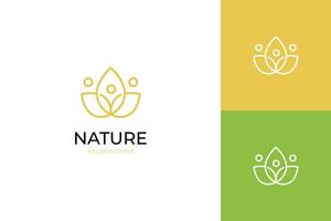abstrakt linje wellness logotyp. guld linjär stil blad och människor kombination för natur, kosmetika, sjukvård och skönhet logotyper. enkel logotyp design element vektor