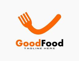 Bra mat logotyp. gaffel ikon med bock begrepp i orange. säker och utsökt mat. enkel design för restaurang, uppkopplad affär, kaka, mellanmål. vektor