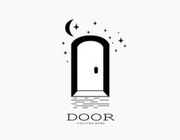 dröm av dörr ikon med svart och vit. estetisk dörröppning logotyp med stjärnor och måne. trendig båge arkitektur ingång och trappa vektor. vektor