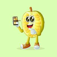 Jackfrucht Charakter halten ein Smartphone und SMS vektor