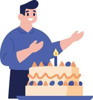 hand dragen manlig karaktär med födelsedag kaka i platt stil vektor