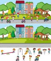 Reihe von verschiedenen Szenen Hintergrund mit Doodle Kinder Zeichentrickfigur vektor