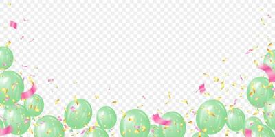 grön ballong, guld och rosa konfetti bakgrund vektor illustration. försäljning baner eller ram hälsning kort