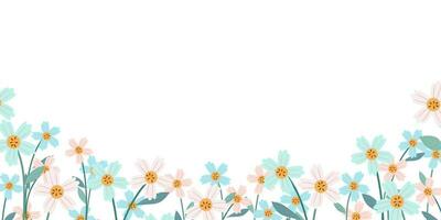 horizontal Banner oder Hintergrund Blumen- dekoriert mit Herrlich mehrfarbig Blumen und Blätter Rand Frühling botanisch eben Vektor Illustration auf Weiß Hintergrund