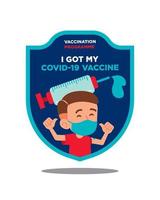 Cartoon-Mann nimmt Coronavirus-Impfstoffprogramm, das durch Schild geschützt ist vektor