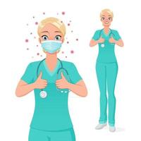 medizinische Krankenschwester in Maske zeigt Daumen hoch Vektorillustration vektor