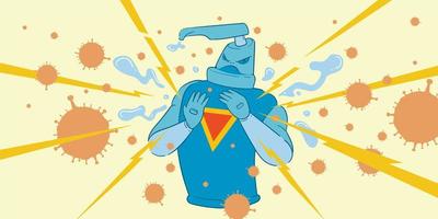 Karikaturillustration des Händedesinfektionsmittel-Superheldenangriffs Corona-Virus vektor