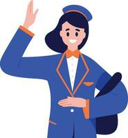 hand dragen flyg skötare med resväska i platt stil vektor