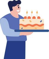hand dragen manlig karaktär med födelsedag kaka i platt stil vektor