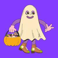 söt spöke karaktär för halloween i retro tecknad serie stil. vektor illustration av en spöke maskot i groovvy stil.