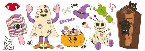 uppsättning av element för halloween i retro tecknad serie stil. vektor karaktär illustration av pumpa med sötsaker, spöke, zombie hand, is grädde med ögon, voodoo docka Kista med fladdermus och Övrig element.