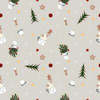 Vektor Weihnachten nahtlos Muster mit Weihnachten Strauß, Dekorationen, Kakao Tasse, Lebkuchen Mann, Stern, Schneeflocken, Kerzen und Noel Baum.