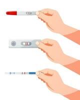 hand innehav en graviditet testa utrustning vektor. positiv graviditet testa resultat. vektor