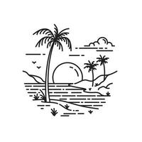 tropisch Strand mit schön Aussicht beim Sonnenuntergang Linie Kunst Stil. Vektor Illustration
