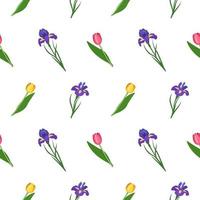 nahtloses Muster von Iris- und Tulpenblumen. mit Blättern drucken vektor