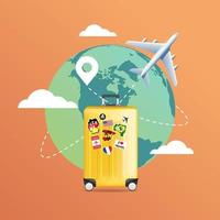 plan som flyger runt om i världen med gult bagage. reseplanering. vektor