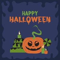 Happy Halloween-Vektor-Grußkarte mit Süßigkeiten und Kürbis vektor