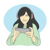 ung kvinna bär headsetet och spelar uppkopplad spel på smartphone illustration vektor hand dragen isolerat på vit bakgrund