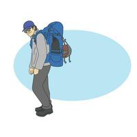 voll Länge von Mann mit Rucksack auf Blau Kopieren Raum Illustration Vektor Hand gezeichnet isoliert auf Weiß Hintergrund