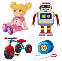 Puppe und andere Spielwaren auf weißem Hintergrund vektor