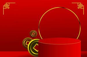abstrakt 3d minimal attrapp scen. geometri röd podium form med mynt och gyllene ringa för visa produkt visa till fira kinesisk ny år. 3d vektor med en kinesisk mönster.