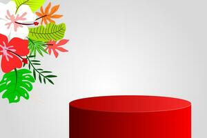 exklusiv 3d minimal attrapp scen. en enda röd pallplatser form med en tropisk löv och blommor på de mjuk grå bakgrund för visa produkt visa. 3d vektor illustration