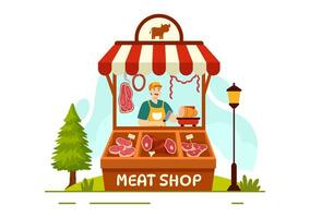 Fleisch Geschäft oder Markt Vektor Illustration mit verschiedene frisch Fleisch Produkte und Würste von Rindfleisch Schweinefleisch Hähnchen im eben Karikatur Hintergrund Design