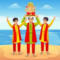 Menschen tragen Ganapati Idol zum Eintauchen in das Meer, feiern Ganesh visarjan Festival vektor