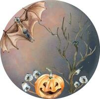 Halloween Komposition mit Mond, Schläger, Kürbis Aquarell Illustration isoliert auf Weiß. nackt Baum, Pilze Hand gezeichnet. Design Element zum Karte, drucken, Halloween Poster vektor