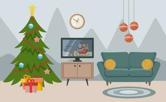 Weihnachten Leben Zimmer Innere. Weihnachten Baum und Dekorationen. Mauer Uhr, Fernseher, Fernseher Stand. Vektor Illustration im eben Stil.