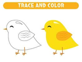 spår och Färg söt tecknad serie gul fågel. kalkylblad för barn vektor