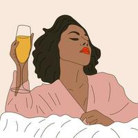 ein Frau Getränke ein Glas von Champagner im Bett. Vektor. Wein Zeit vektor