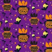 Halloween nahtlos Muster mit groovig Beschriftung. Hand gezeichnet Slogan im Kessel gestalten mit Pilz, Mond und Schläger. modisch Urlaub Design zum Halloween Party Dekoration, Textil, Verpackung vektor